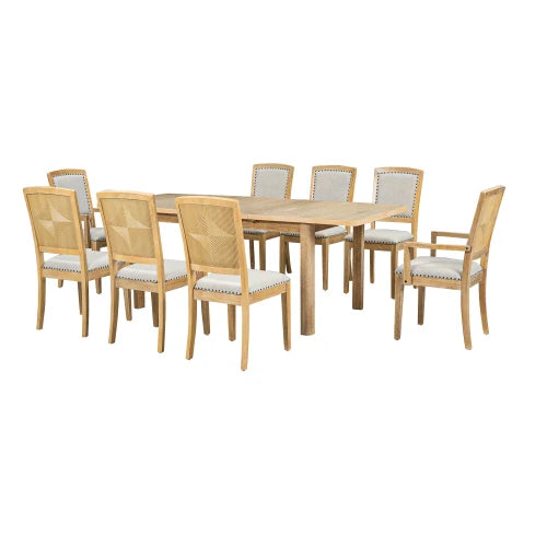 84inch Dining Table Set with 24inch Removable Leaf , 6 Upholstered Armless Dining Chairs and 2 Padded Arm Chairs