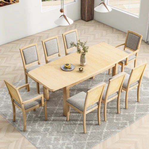 84inch Dining Table Set with 24inch Removable Leaf , 6 Upholstered Armless Dining Chairs and 2 Padded Arm Chairs