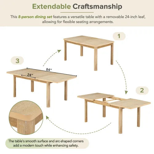 84inch Dining Table Set with 24inch Removable Leaf , 6 Upholstered Armless Dining Chairs and 2 Padded Arm Chairs