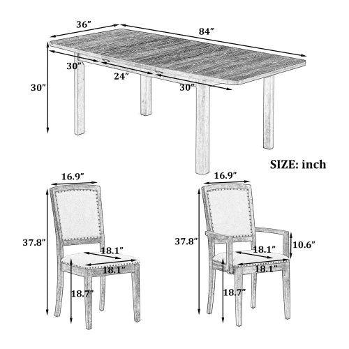 84inch Dining Table Set with 24inch Removable Leaf , 6 Upholstered Armless Dining Chairs and 2 Padded Arm Chairs