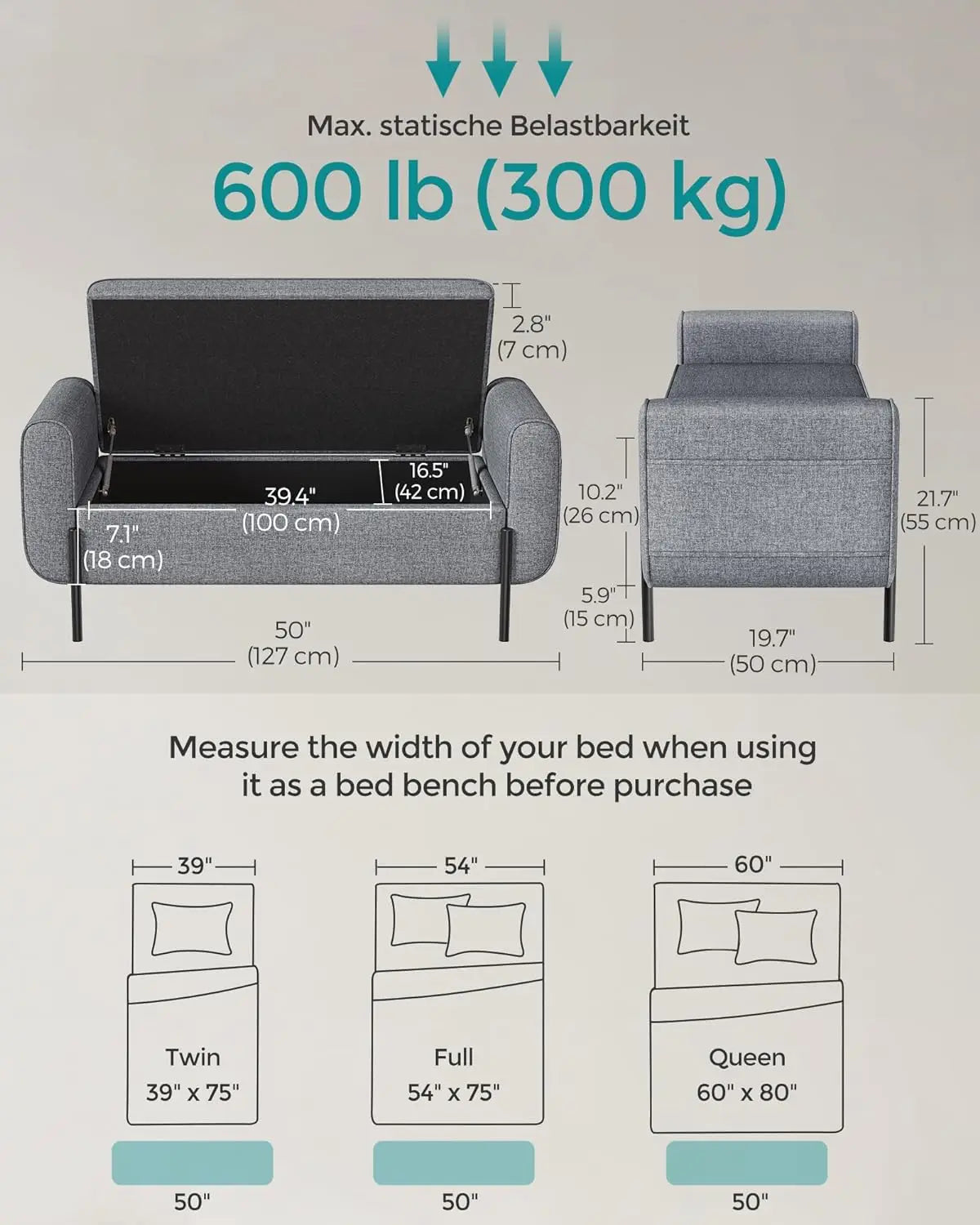 Storage Bench with Armrests, Ottoman