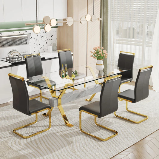 glass rectangular dining table with 6 chairs